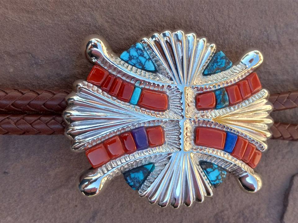 Alvin Yellowhorse Navajo Bola Tie Turquoise Coral